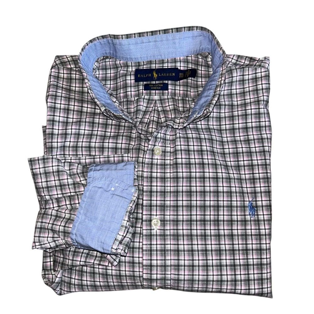 Polo Ralph Lauren Long Sleeve Shirt Mens Gray Pink Plaid Cotton Stretch Size XXL